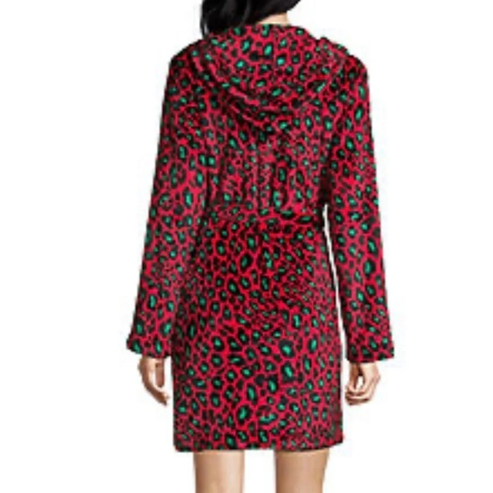 🔥 Sleep Chic NWT Plush Short Robe XXL Red Green Animal Print